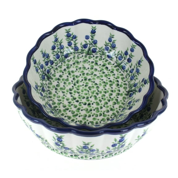 Blue Rose Polish Pottery Porcelain Vine Scallop Serving Bowl Set