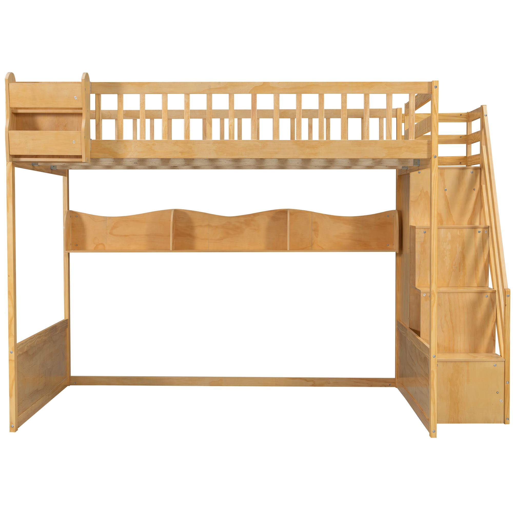 Euroco Wood Queen Size Loft Bed with Staircase and Wardrobe, Storage Bed with Cabinets and Shelves, Natural
