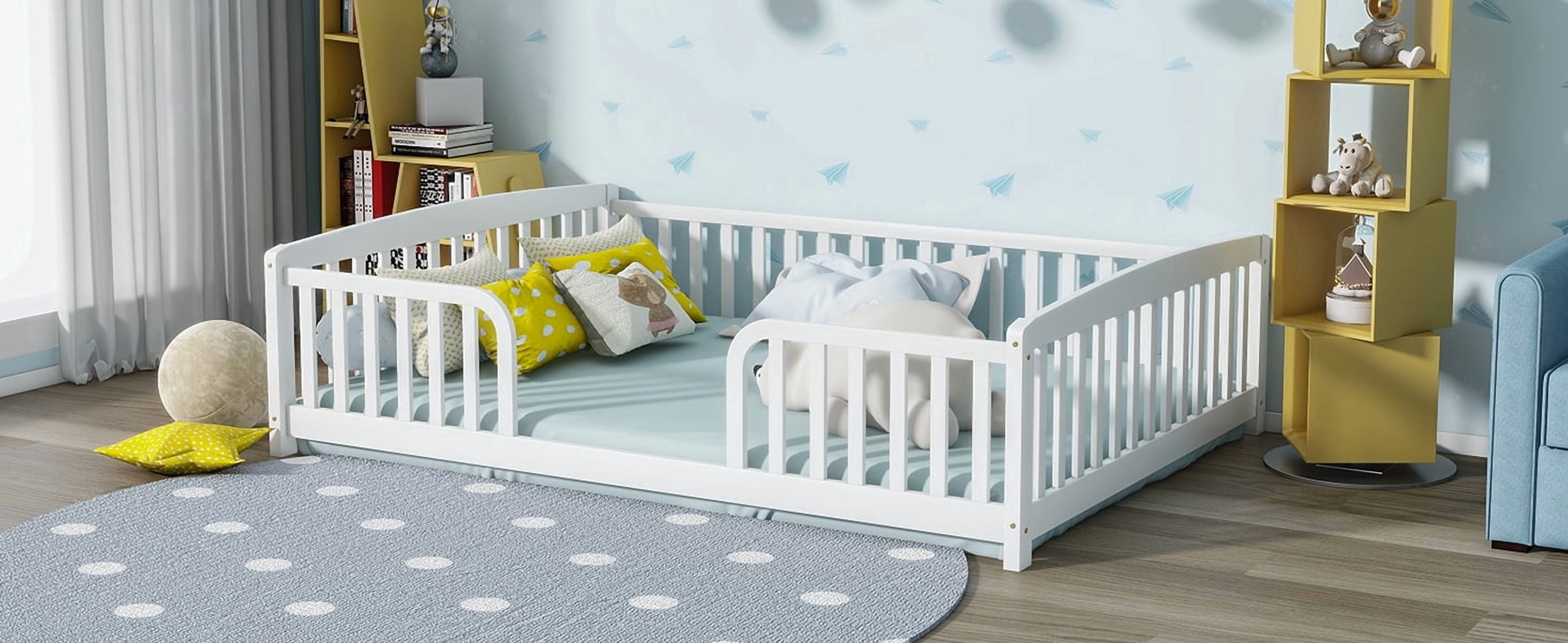 Mintazer Full Size Toddler Floor Bed with Guardrails & Central Entrance, White