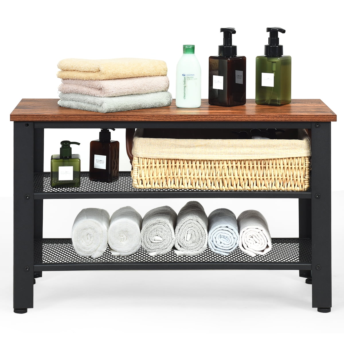Giantex Storage Bench Rack with 2 Mesh Shelves, Metal 3-Tier Storage Industrial Shoe Rack Organizer, Shoe Bench for Entryway Hallway Living Room (Rustic Brown)
