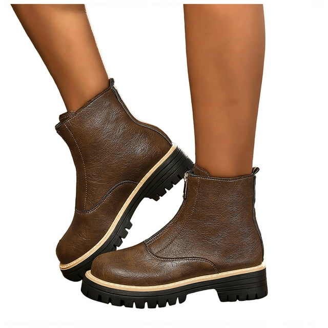 Platform Chelsea Combat Boots for Women Winter Fall Leather Zip up Mid Calf Riding Work Short Ankle Booties