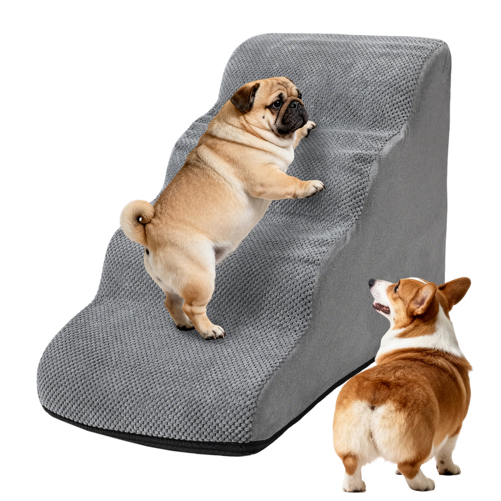 LCOKEIY Gray Curved Dog Stairs Ramp for High Beds Couch Soft, 20" H, 4-Step Dog Steps for Small Dogs and Cats, Non-Slip Pet Stairs