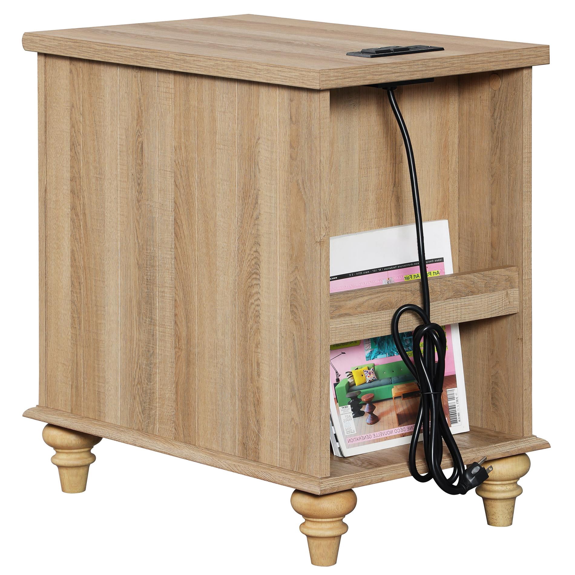 3 Piece Bedroom Set, Queen Bed Frame & 2 Nightstands with Charging Station, 1 Drawer & Storage Cabinet, Oak