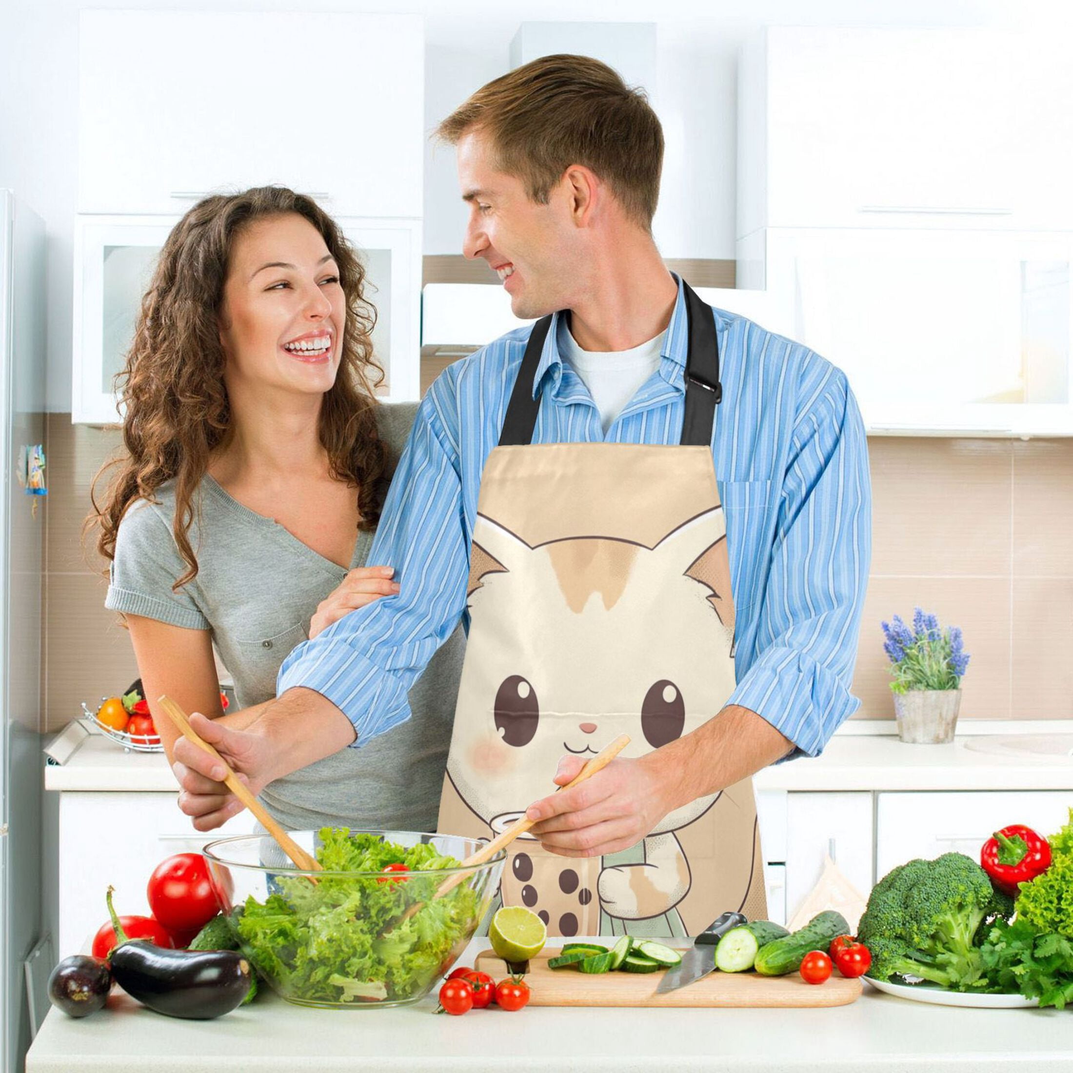 5 Pcs Kitchen Set Heat Resistant Oven Mitts and Non-Slip Pot Holders with Adjustable Cooking Apron Cute Cat Drink Bubble Tea