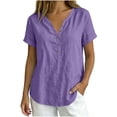 thumbnail image 6 of QUNYINEY Womens Summer Tops Trendy Short Sleeve Cotton Linen Purple T-Shirts Casual Loose Fit Button Pullover V Neck Tops, 6 of 6