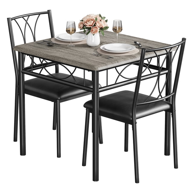 3 Piece Dining Table Set with 2 Upholstered Chairs, Kitchen Metal Legs Wood Square Dining Table