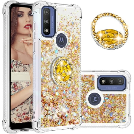 Glitter Clear Sparkly Bling Motorola Moto G Play 2023 Case for Women, Flowing Liquid Quicksand Cover with Diamond Ring Holder Case for Motorola G Play 2023 Gold