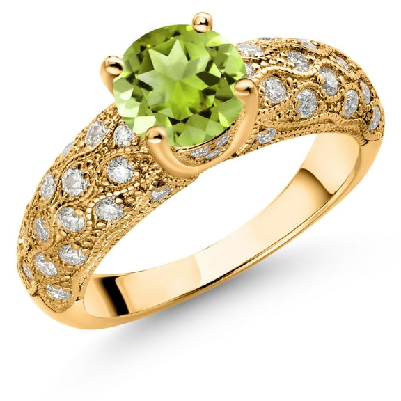 Gem Stone King 18K Yellow Gold Plated Silver Green Peridot and White Moissanite Engagement Ring for Women (1.79 Cttw, Round 7MM, Gemstone August Birthstone, Size 5)
