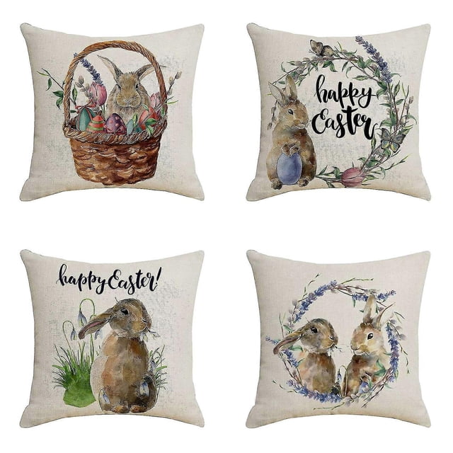 18X18 Inch Set of 4 Easter Pillow Covers Rabbit Bunny Throw Cushion Cover Happy Easter Spring Decor