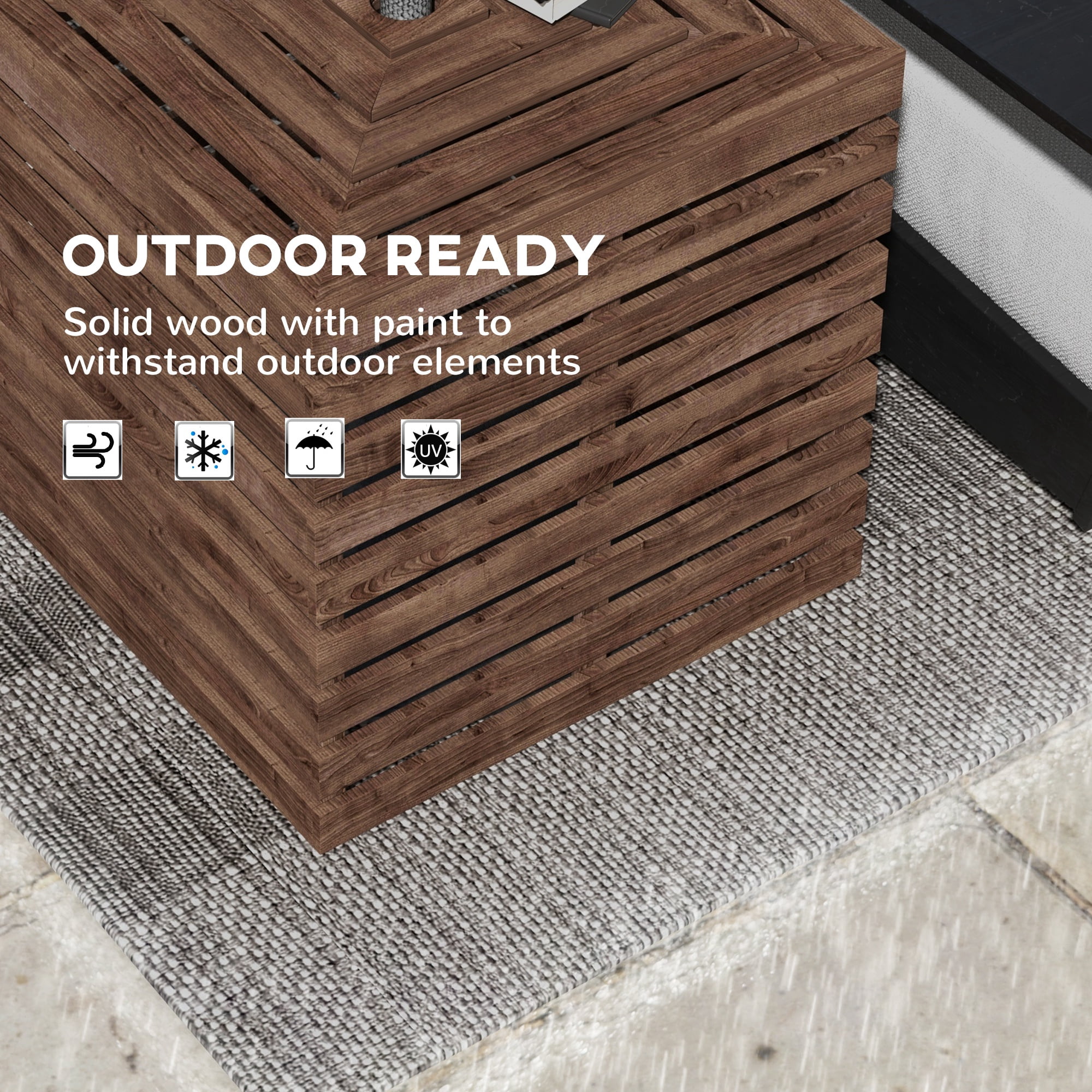 Outsunny 2-in-1 Outdoor Storage Box for Umbrella Base, Coffee End Table, Wooden Patio Umbrella Stand Table, Brown