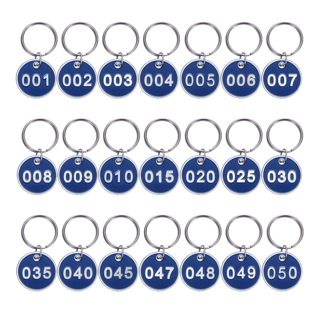 Etiquetas numéricas Uxcell 1-50, etiquetas numéricas redondas de metal de aluminio de 30 mm con anillos de llavero, azules