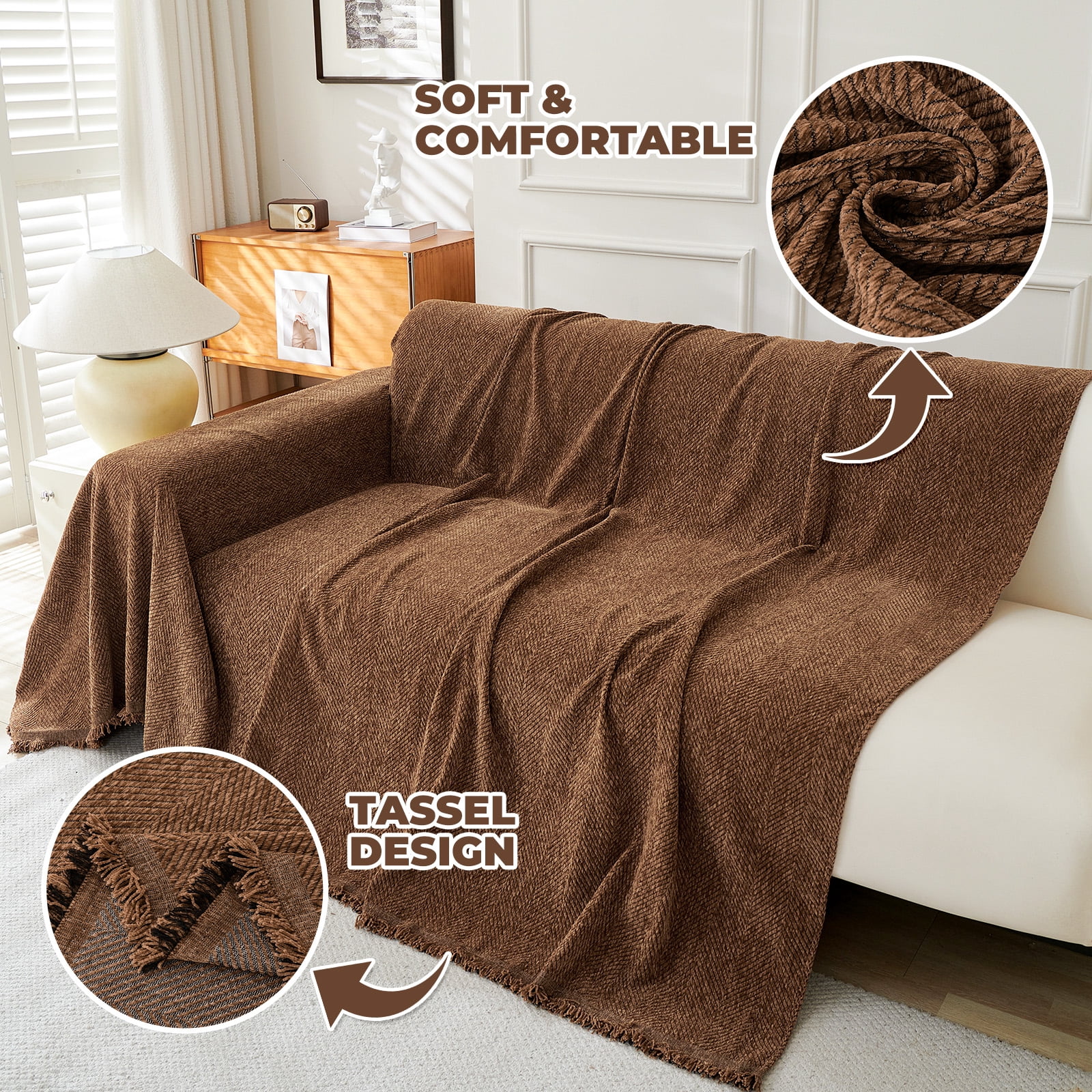 Sanmadrola Sofa Cover Non Slip Couch Cover for 3 Cushion Couch Machine Washable Furniture Protector for Dogs Pet Chenille Throw Slipcover Blanket for Living Room (Brown, 71"x134")