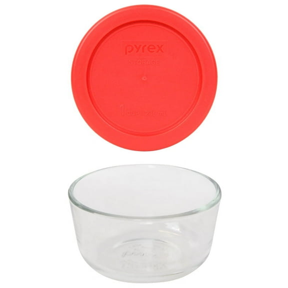 Pyrex (1) 7202 1-Cup Glass Food Storage Bowl and (1) 7202-PC Red Plastic Lid Cover