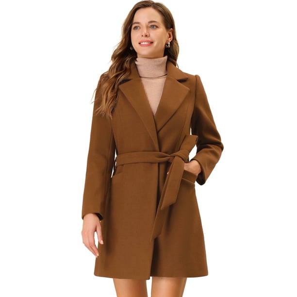 Abrigo de Invierno Allegra K con Solapa con Cinturón y Bolsillos Marrón XL