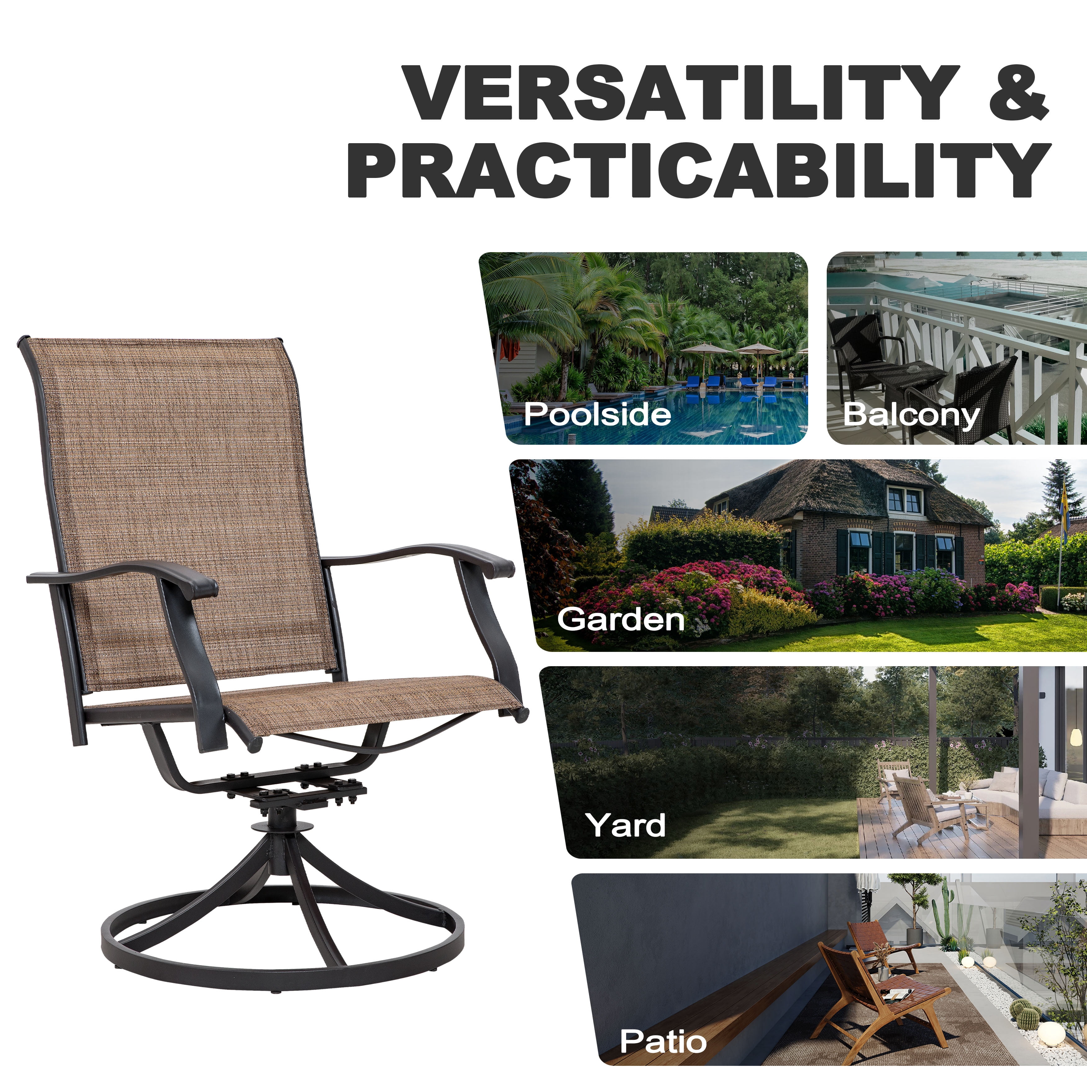 Nuu Garden 5-Piece Outdoor Dining Table Set, 4 Textilene Swivel Chairs & 37" Square Table with Umbrella Hole and Faux Wood Tabletop, All-Weather Patio Outdoor Furniture, Black and Brown
