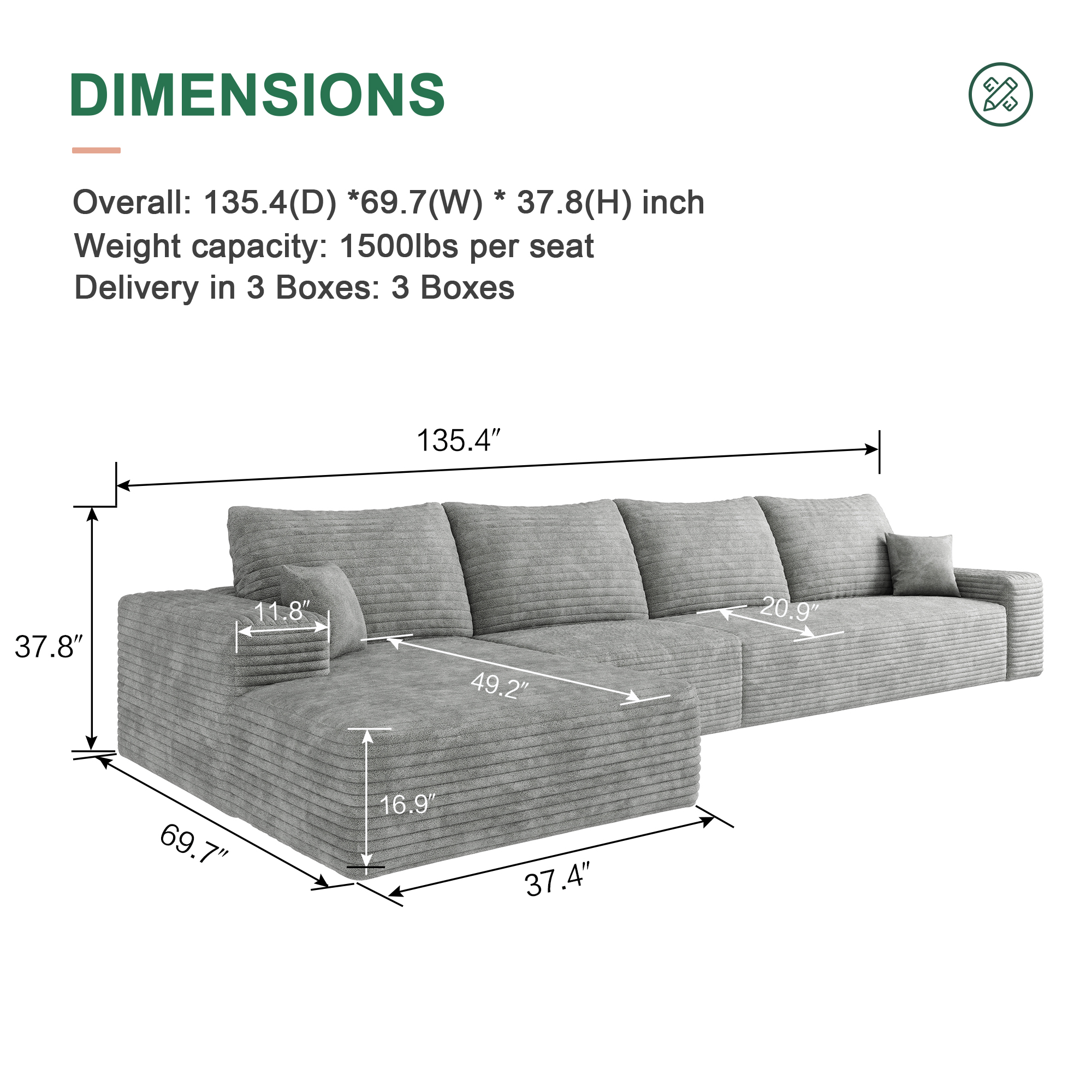 MAYEERTY 135" Cloud Modular Sectional Sofa Gray No Assembly Modern Living Room Design