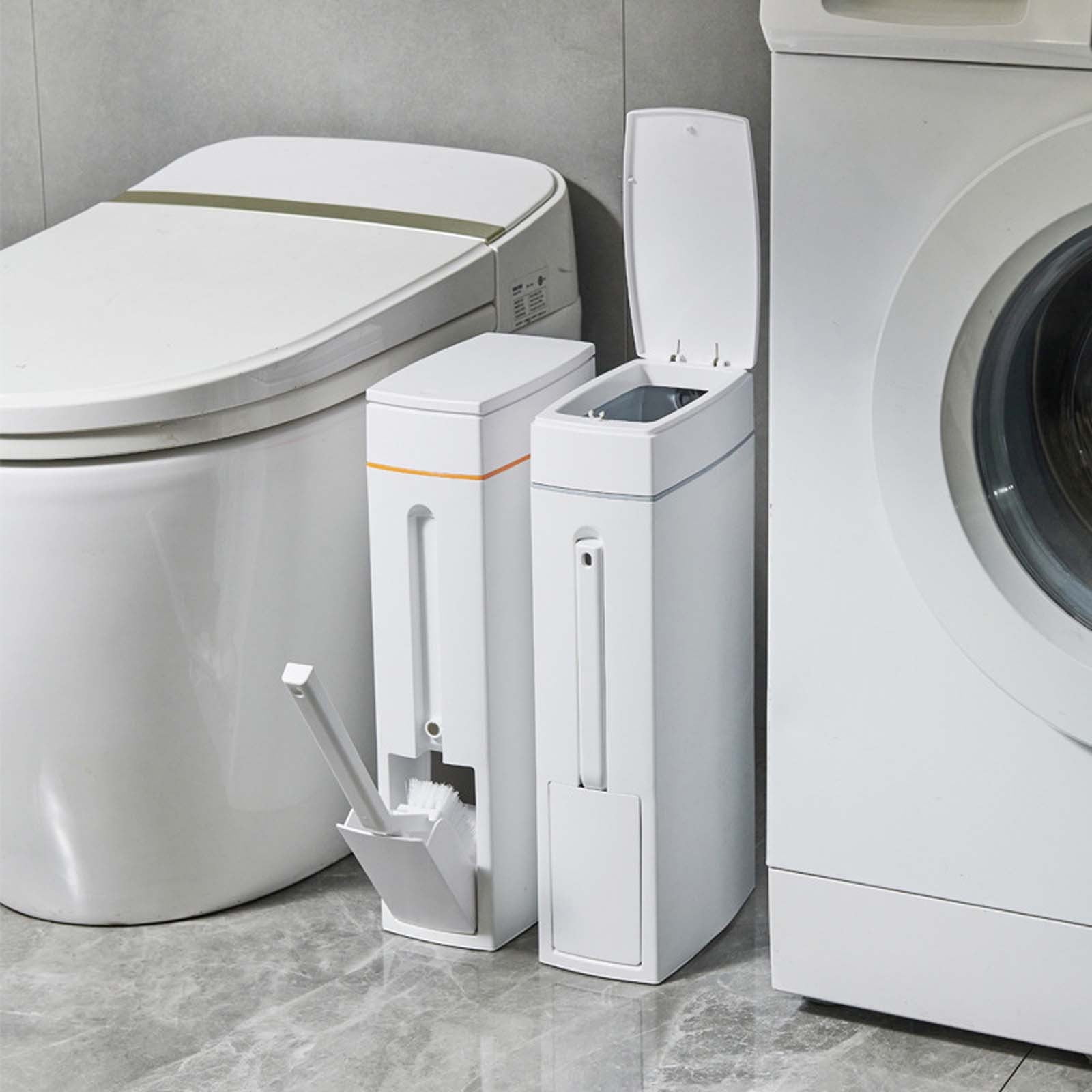 SATRINO Slim Bathroom Trash Can Toilet Brush Set, 4.5L Small Trash Can with Lid, Waste Bin Toilet Brush Holder Garbage Bag Tissue Box Holder 4 in 1 Bathroom Kit (White)