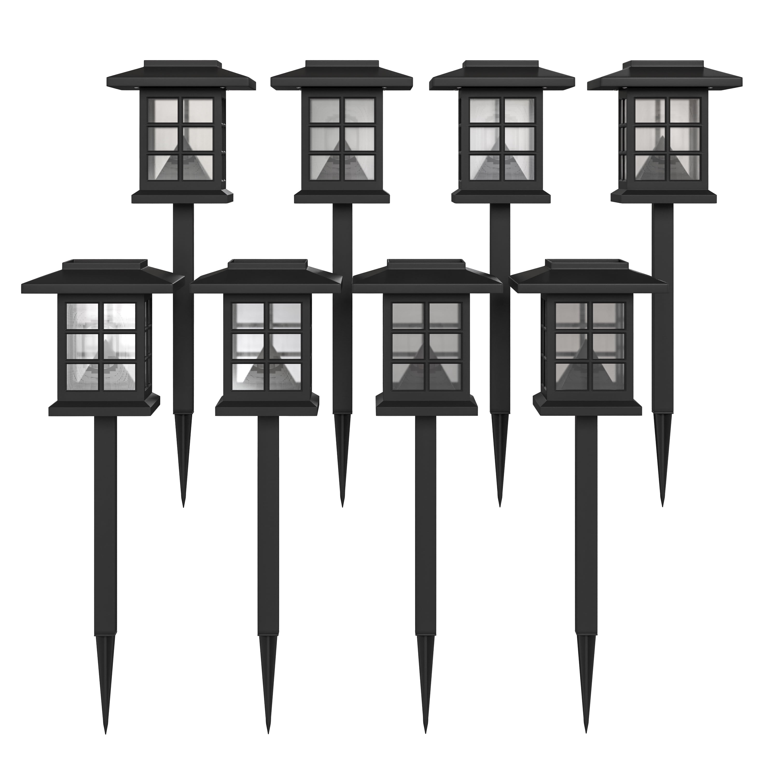 BizChair 8 Pack Black Lantern Style LED Solar Lights Weather Resistant Outdoor Solar Powered Lights for Pathway, Garden, & Yard