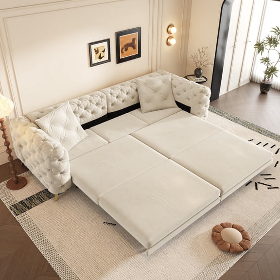 97.7" 3-in-1 Convertible Sleeper Sofa, Modern Velvet Sofa Bed with Movable Ottoman, Button Tufted 4-Seater Couch for Apartment, Office, Bedroom - Beige/White