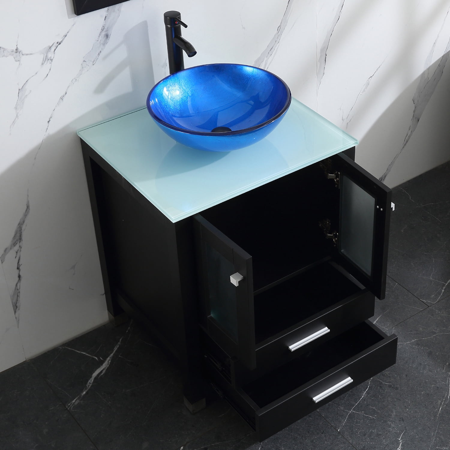 Wonline 24" Single Bathroom Vanity Cabinet Solid Wood w/ Vessel Sink Faucet Mirrors