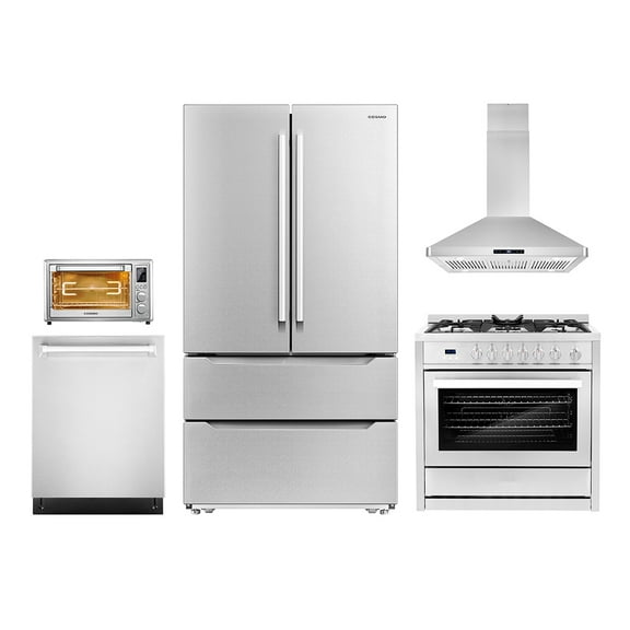 5 Piece Kitchen Package with 36" Freestanding Gas Range 36" Island Range Hood 24" Built-in Fully Integrated Dishwasher French Door Refrigerator & 5.5L Electric Hot Air Fryer