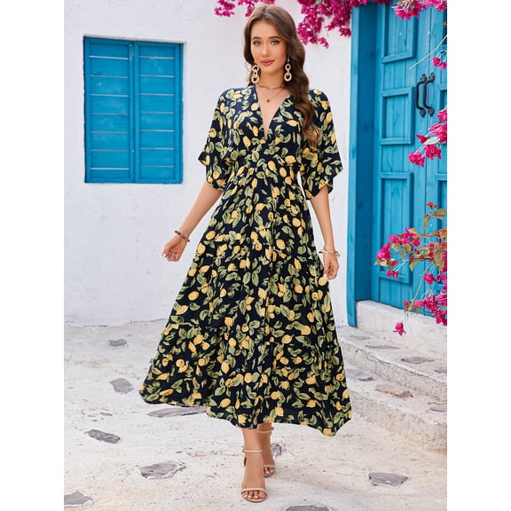 Women's V-neck Lemon Print Maxi Dress, Smocked Waist Tiered Flowy Long Sundress for Vacation Casual Wear