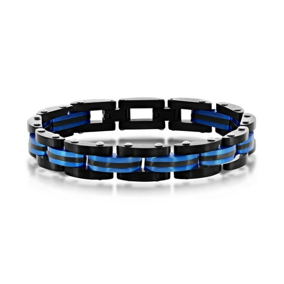 TheJewelryHut Designer Sterling Steel Two-Toned Striped Link Bracelet - Black & Blue