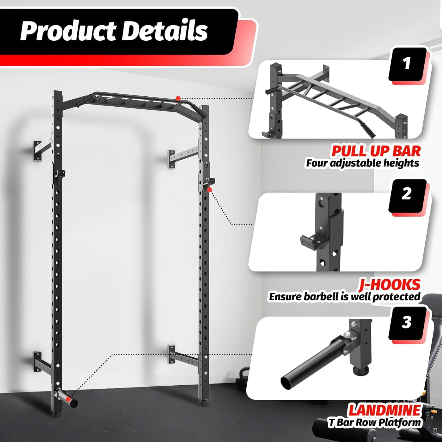 Commercial Wall Mounted Squat Rack, Heavy Duty Carbon Steel Home Gym Equipment with Multi-Grip Pull Up Bar, j-Cups & Landmine Attachment for Home and Garage Gym, Black/Red