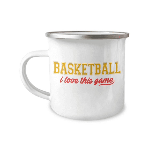Basketball Player Coffee Mug, Basketball I Love This Game- 12 Oz Stainless Steel Enamel Finish White Camper Coffee Mug