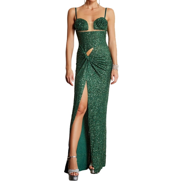 Vestido BELLA BARNETT con lentejuelas en forma de flor y abertura torcida, corsé, verde