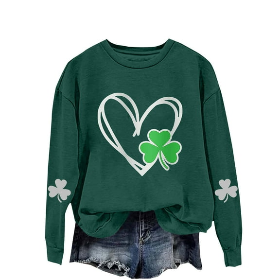 Bunenne St Patrick Day Sweatshirts Shamrock Sweatshirt St. Day Round Neck Long Sleeved Casual Holiday Printed Hooded Sweatshirt Crew Sweatshirt for Women Army Green 1 L