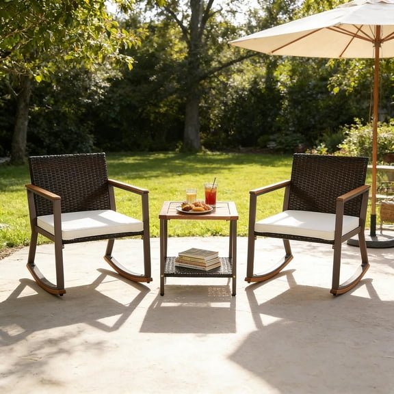 3 Pieces Patio Rocking Bistro Set, Outdoor Wicker Acacia Wood Conversation Sets with Coffee Table & Cushion, Front Porch Rocker Chairs Rattan Furniture Set for Balcony, Garden, Pool (Beige)