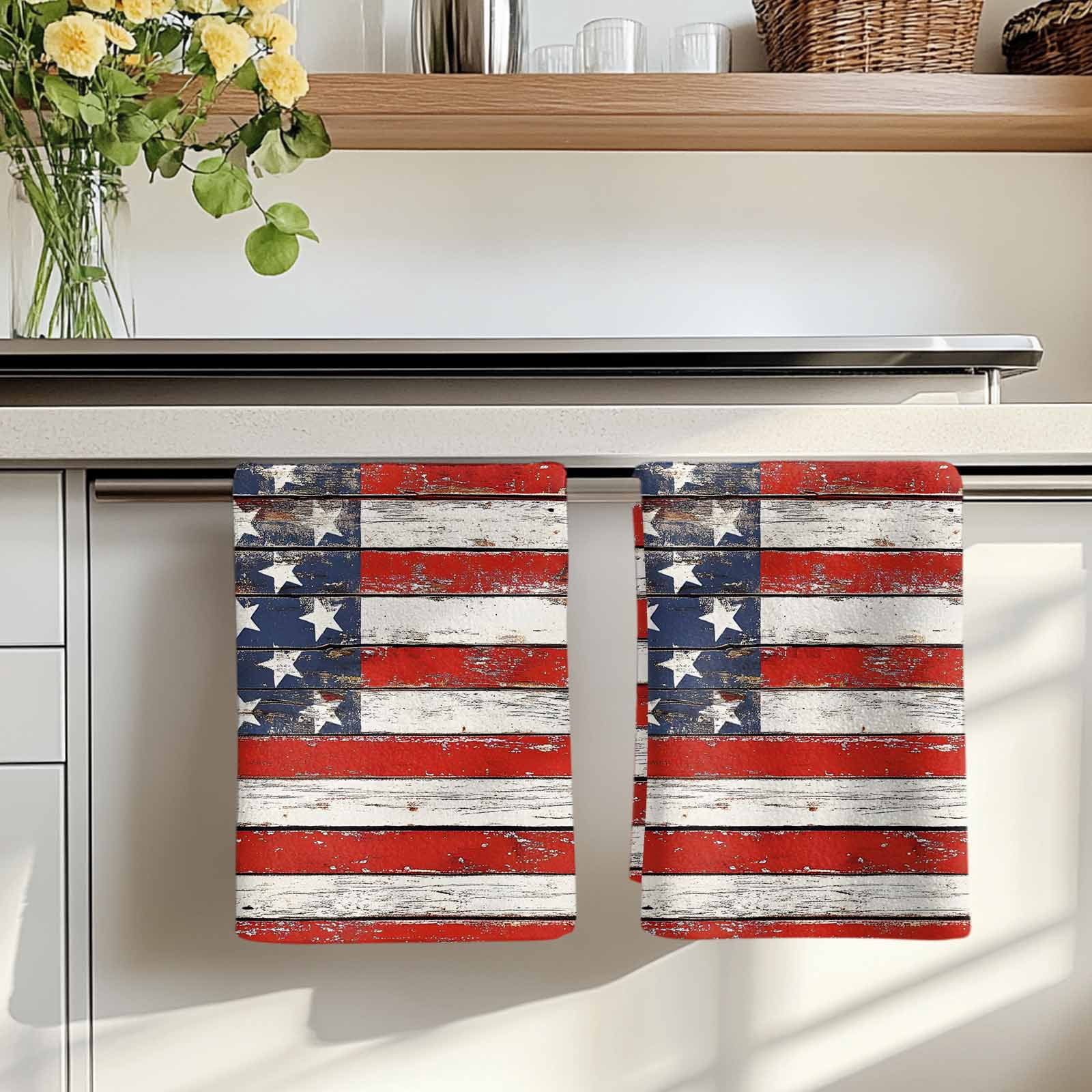 American Flag Kitchen Towels Set of 2, Red Blue Star Stripes Rustic Farmhouse Wood Absorbent Dish Towels for Kitchen, Microfiber Hand Towel, Quick Drying Tea Towel for Cleaning Decorative Dishcloths