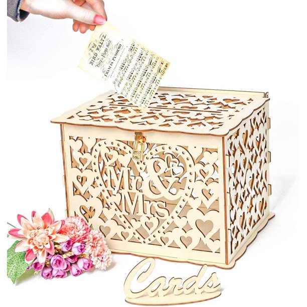 Wooden Wedding Card Box Money Box Rustic Wedding Box with Lock for