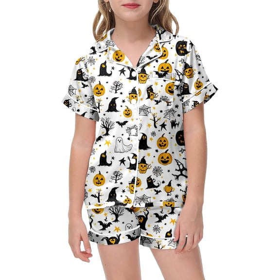Landzoo Halloween Toddler Girls Outfit Set Pumpkin Ghost Print Short Sleeve Spread collar Shirt With Shorts Outfit Girls Fall Season Casual Set Size 2-3 Years White