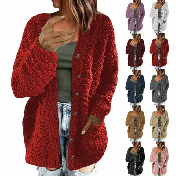Aboser Women's Fuzzy Popcorn Cardigan Sweaters Plus Size Button Down Sweater Coats Thermal Long Sleeve Fleece Cardigans with Pockets Fall Winter Outfits