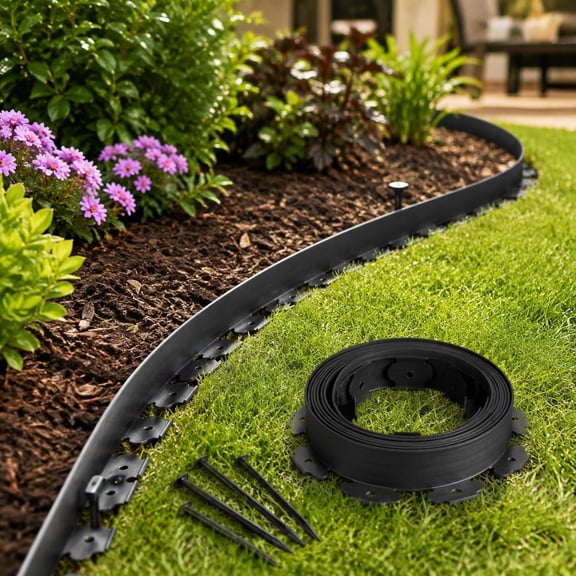 Garden Border Edging, 20 Ft X 2 in, Black UV-Resistant PE Plastic, No Dig Flexible Lawn Edging with 120 Spikes