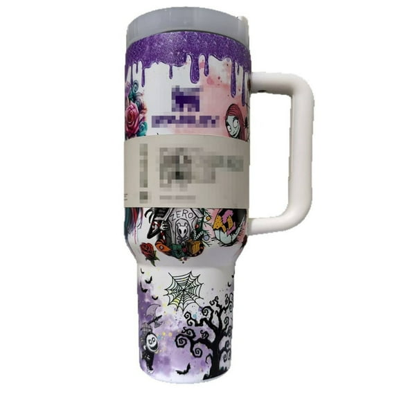 Halloween Jack Sally Nightmare Tumbler 40oz with Handle, Night Glow Cup Horror Movie Character Skeleton Laser Engraved Insulated Stainless Steel Tumblers, Gift for Him or Her