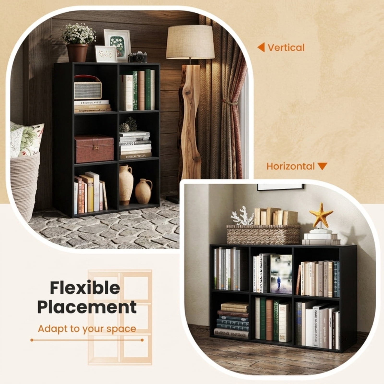Furnibear Modern 6-Cube Bookcase Freestanding Storage Bookshelf with Anti-Tipping Kits and Non-Slip Pads for Living Room, Black