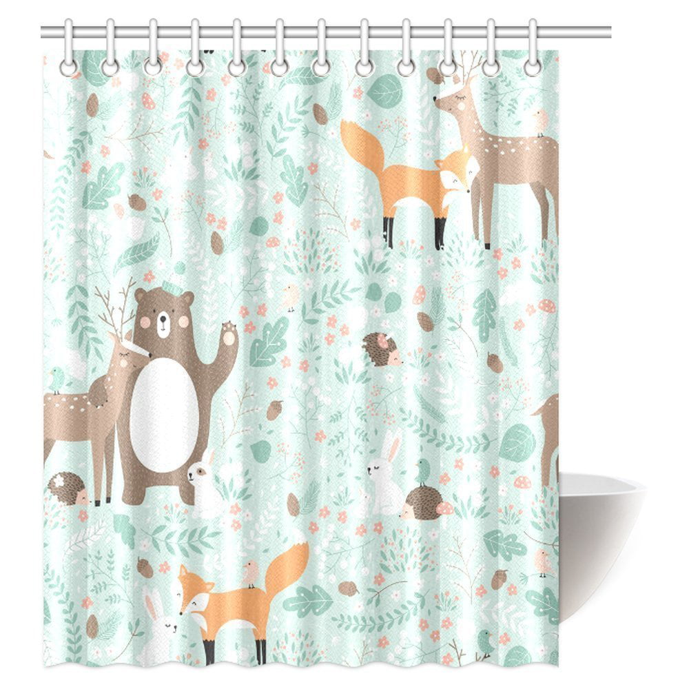 Cartoon Animal forest Polyester fabric Shower Curtain Set Fox trees Bathroom mat 