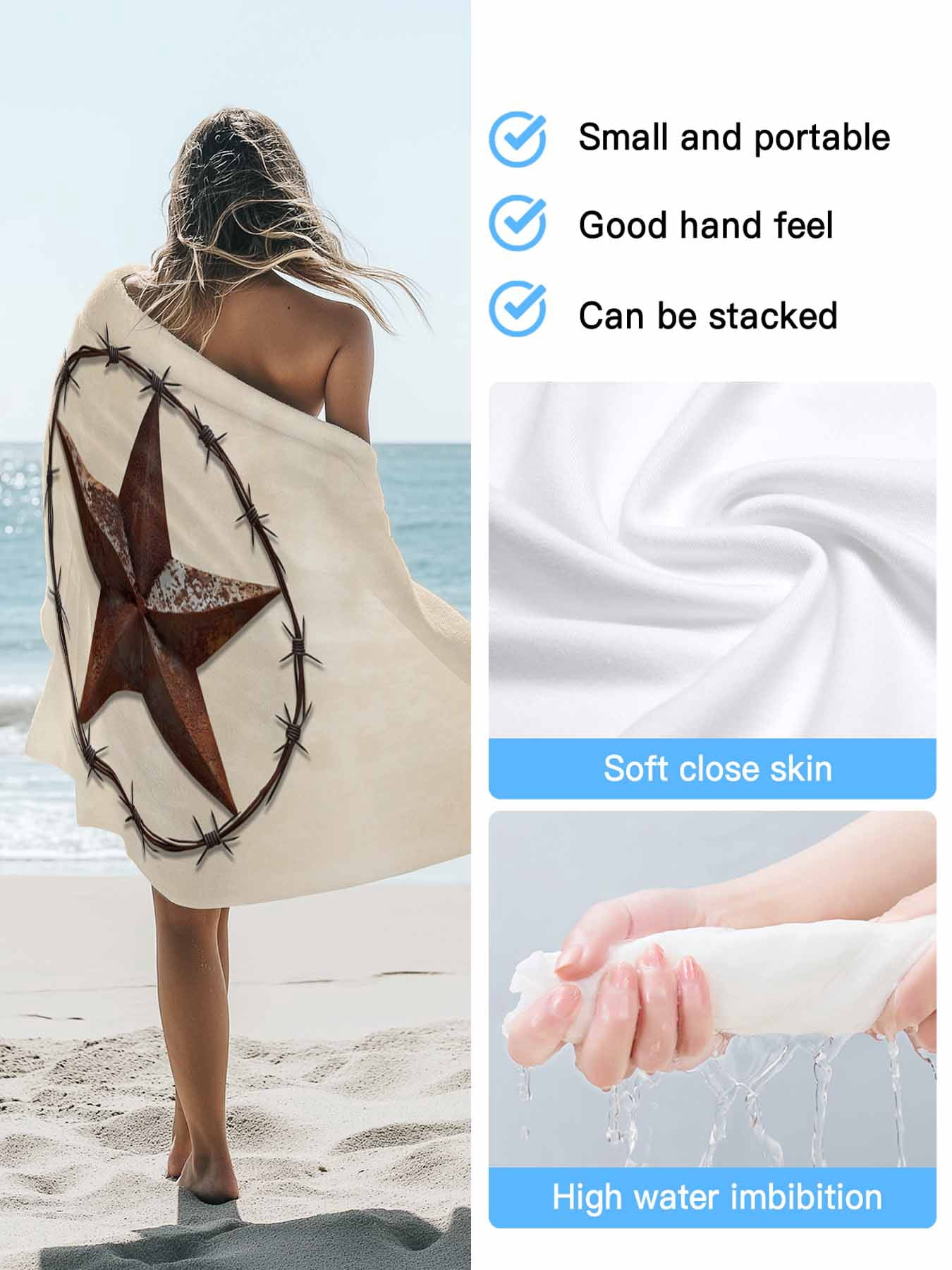 West Texas Star Beach Towels Blanket Soft & Absorbent Quick Dry Microfiber Rustic Country Star Pool Towels for Swimming ,Yoga, Sports, Gym, Camping,Large 30X60in,