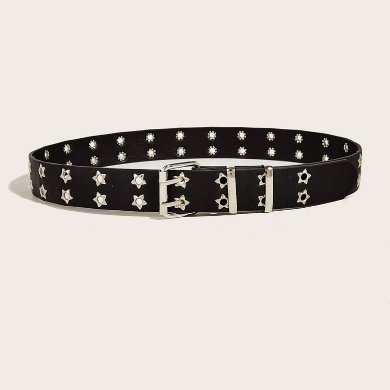 SWSMCLT Women's Studded Belt Punk Star Spiked Rivet Metal Buckle Disco Vintage Halloween Dance Faux Leather Belts for Jeans Black One Size