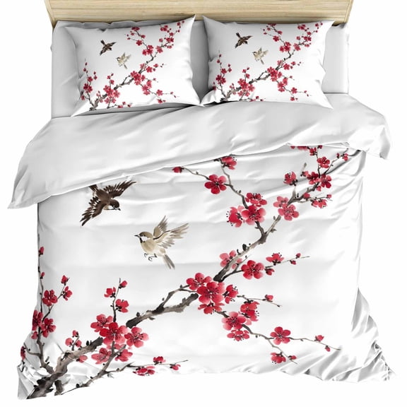 Red Cherry Branches Bedding 3 Piece Duvet Cover Set Queen Size, Spring Floral Botanical Birds Country Microfiber Comforter Cover with Zipper Closure & Pillowcases, Wrinkle & FadeResistant Quilt Cover