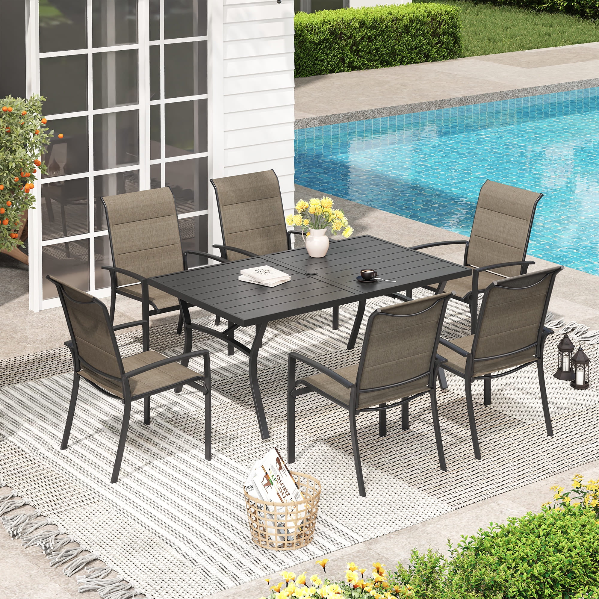 Vicllax Outdoor Patio Dining Chairs Stackable Padded Metal Frames with Textilene, Set of 6, Black