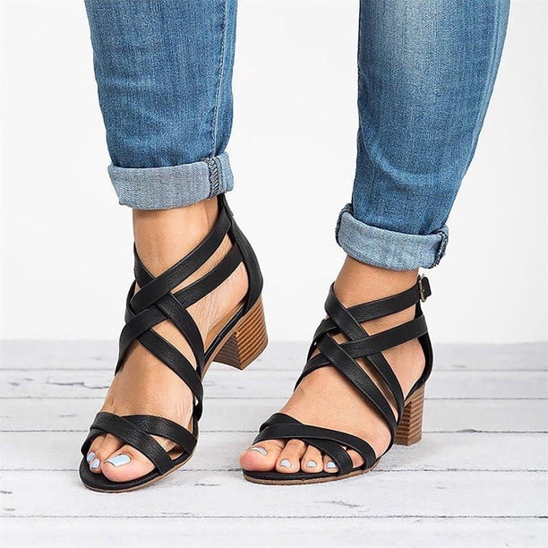 Nuevas sandalias con cremallera y correa cruzada Sandalias de tacón grueso con tacón alto para mujer Wmkox8yii hfjk3560