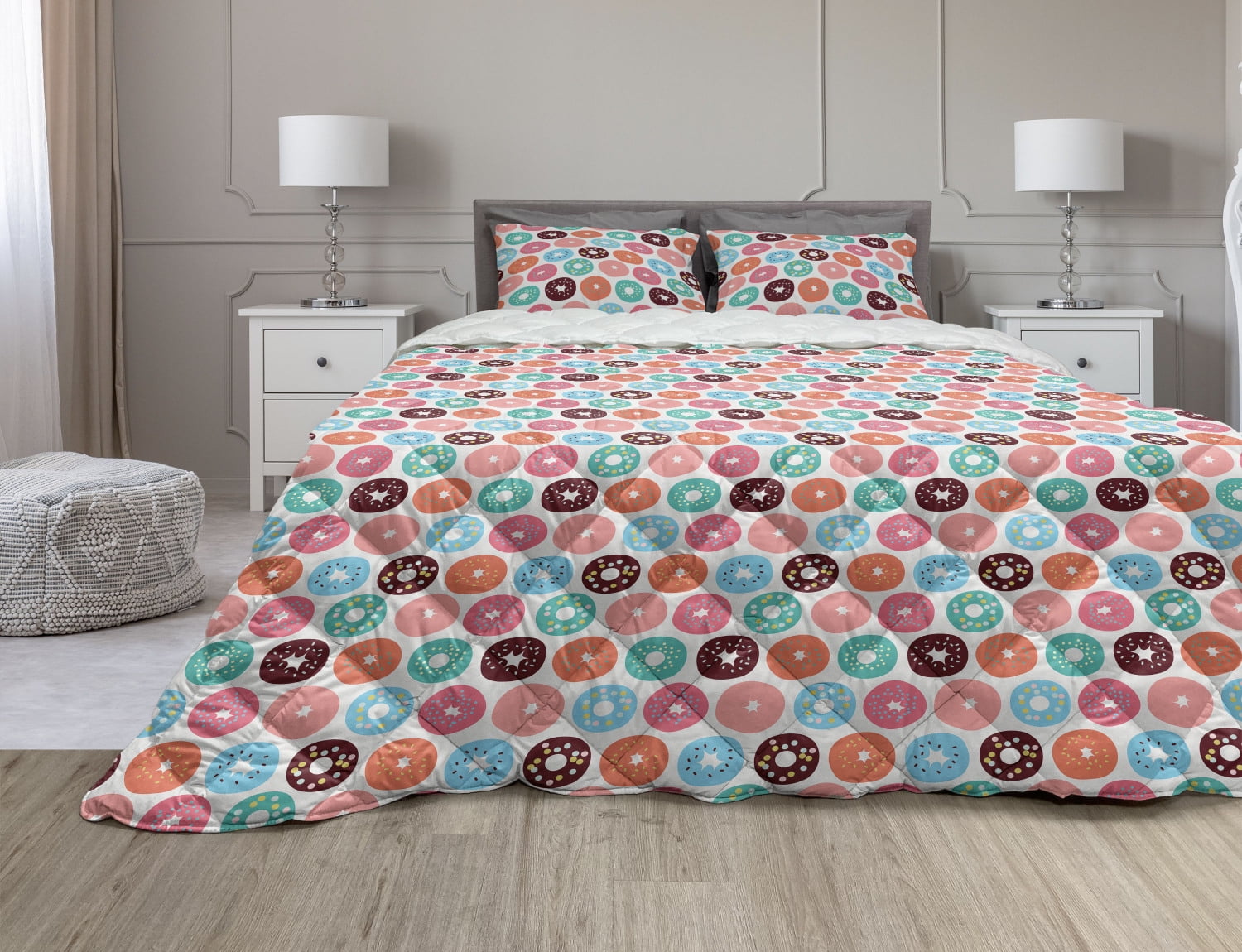 Donut Comforter & Sham Bedding Set, Doughnuts and Macarons Colorful