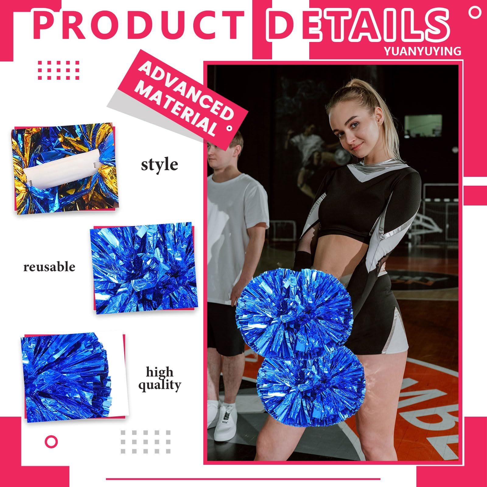 Pom Poms Cheer 12 Pcs with Handle, Cheerleading Handheld Squad Pompoms for Sports Team Spirit Games Dance Party Adults