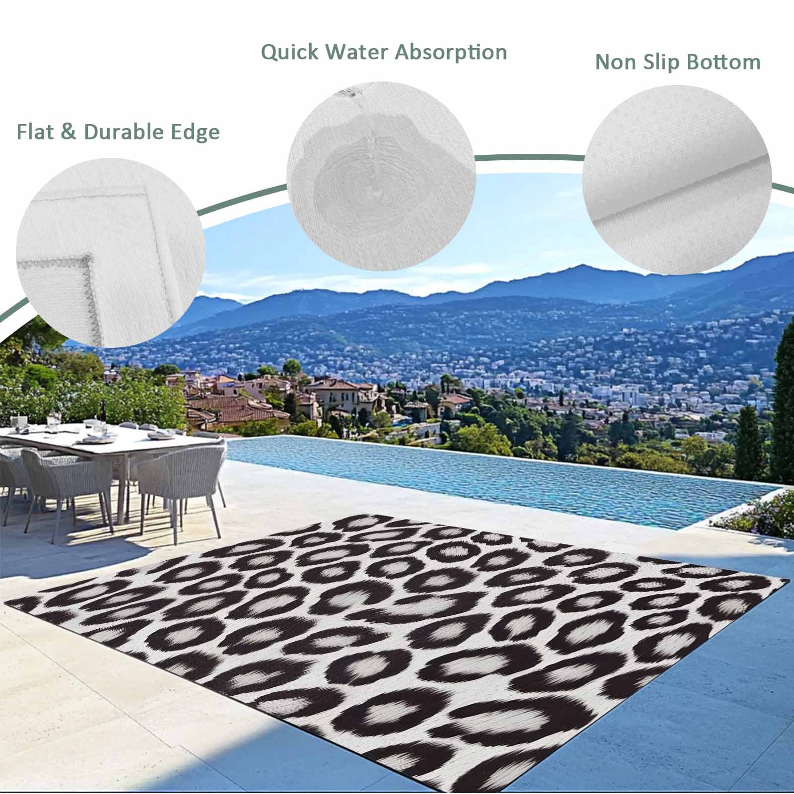 Leopard Printed Outdoor Rug for Patio/Deck/Porch, Non-Slip Large Area Rug 4 x 6 Ft, Farmhouse Vintage Animals Black Grey Indoor Outdoor Rugs Washable Area Rugs, Reversible Camping Rug Carpet Runner