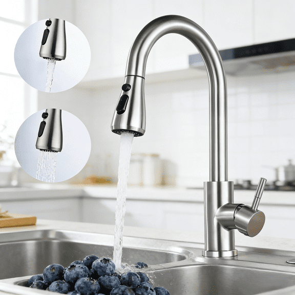 Rtbhaful Kitchen Faucet with Pull Down Sprayer, High Arc Brushed Nickel Single Handle Kitchen Sink Faucet, Stainless Steel, 3 Mode(Stream/Spray/Pause), 360° Swivel