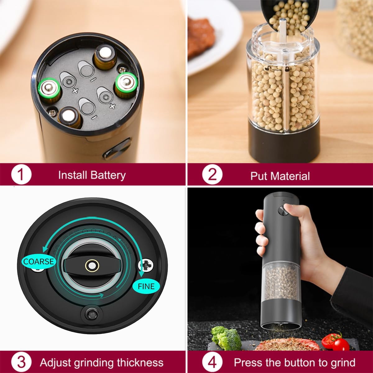 Electric Salt and Pepper Grinder Set Automatic Battery Pepper Mill Shakers Easy Filling Upgraded (2 Pack Black/Black）